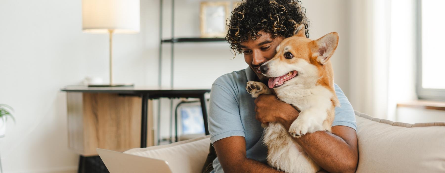 a person and a dog on a couch with a laptop