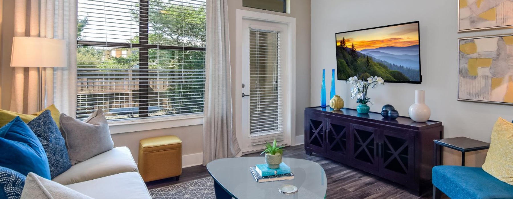 a living room with a large window