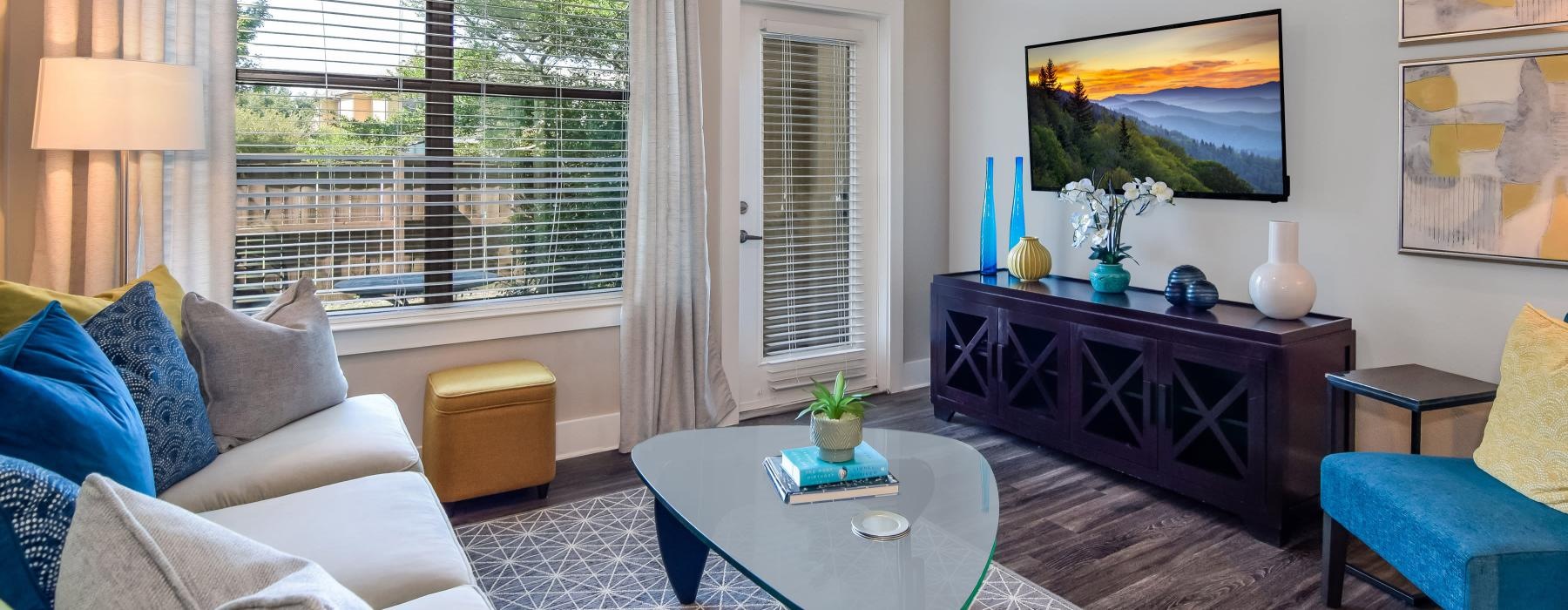 a living room with a large window