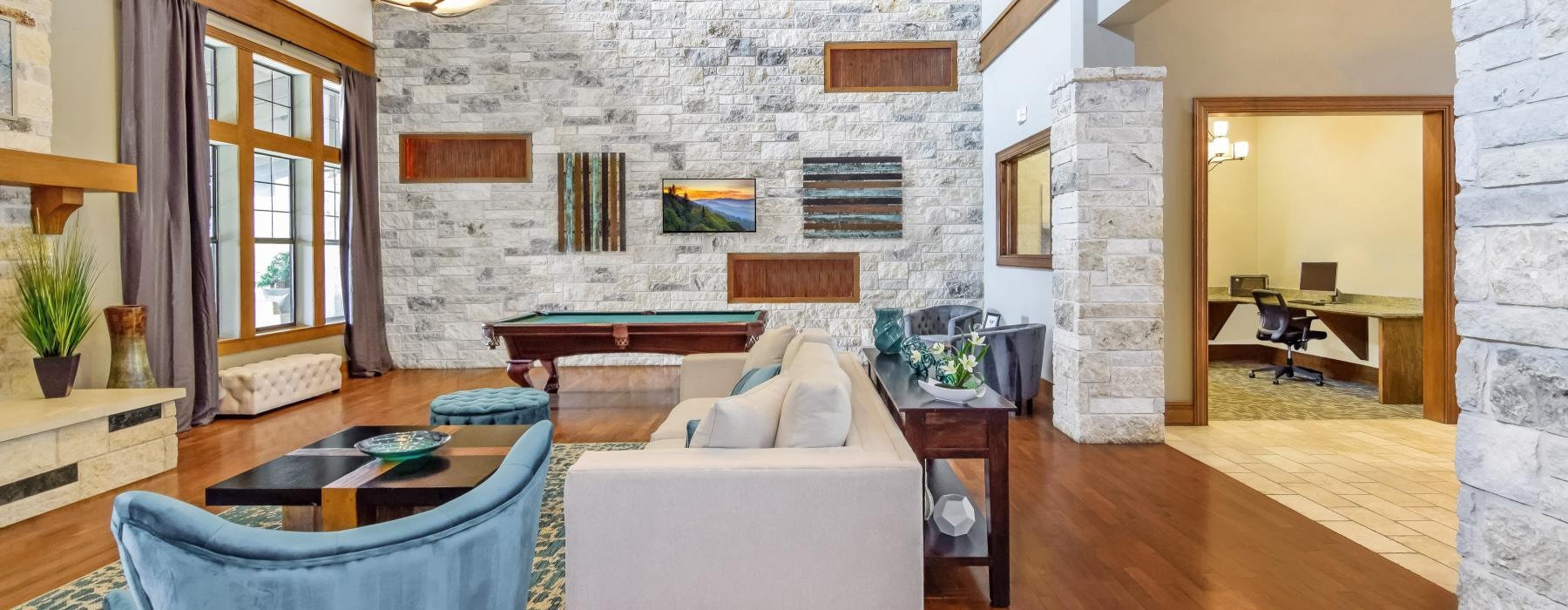 a living room with a fireplace